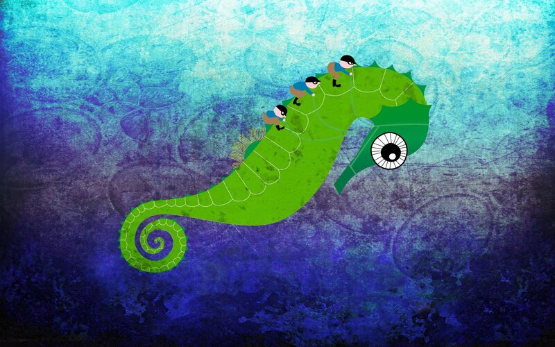 Green Seahorse with Riders