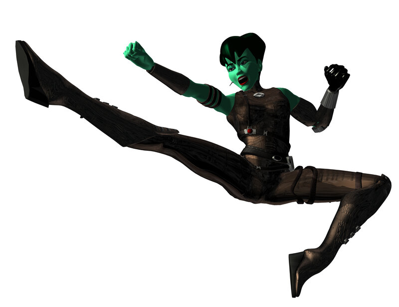 green-skinned character in action pose