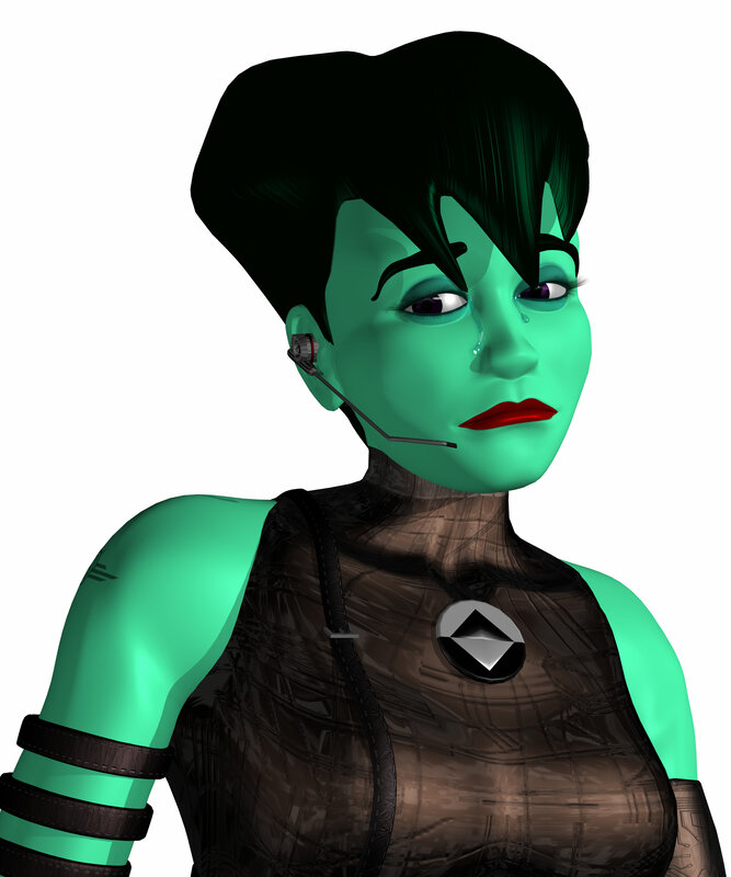 green-skinned character with headset