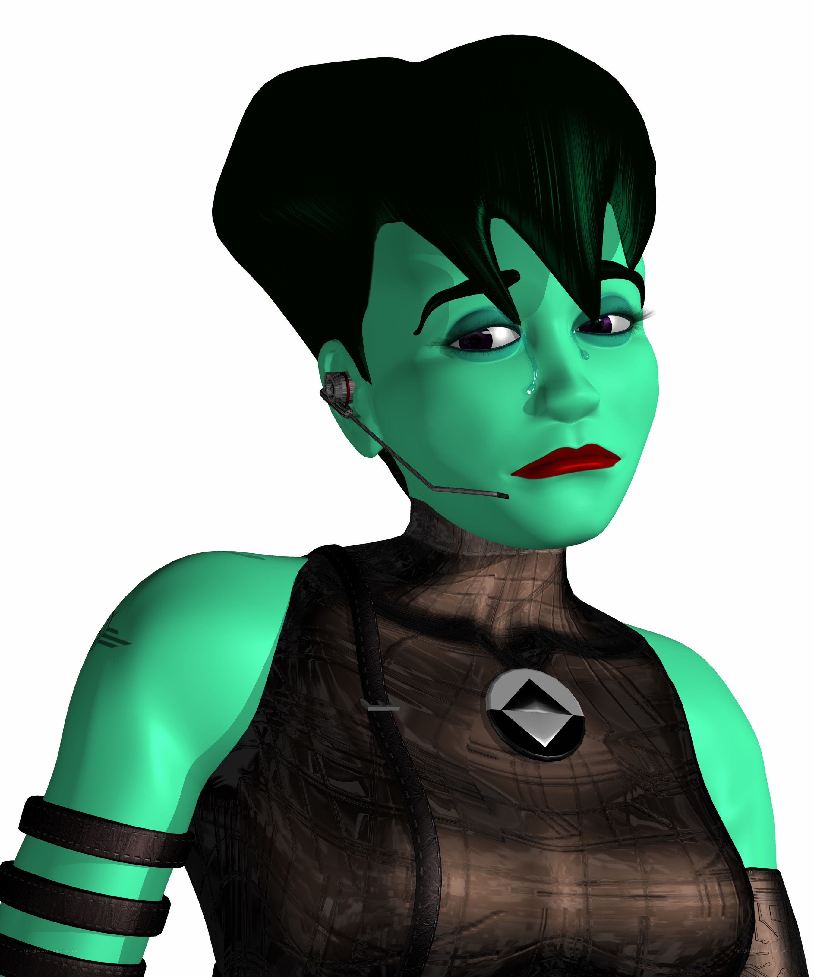 green-skinned character with headset