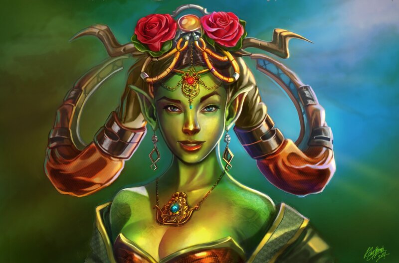 Green-skinned Elf Woman — Green, Dramatic, Digital Art