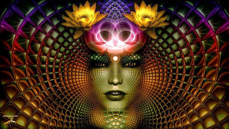 Green-skinned Face with Lotus Flowers