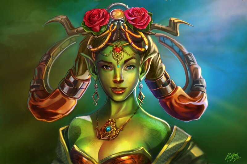 green-skinned fantasy elf woman