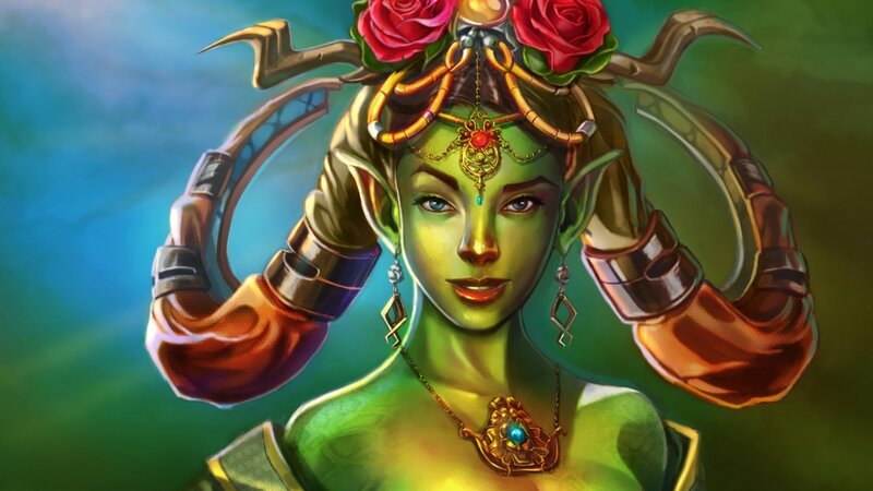 green-skinned fantasy woman with roses