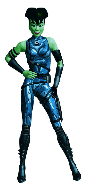 green-skinned female character in blue suit