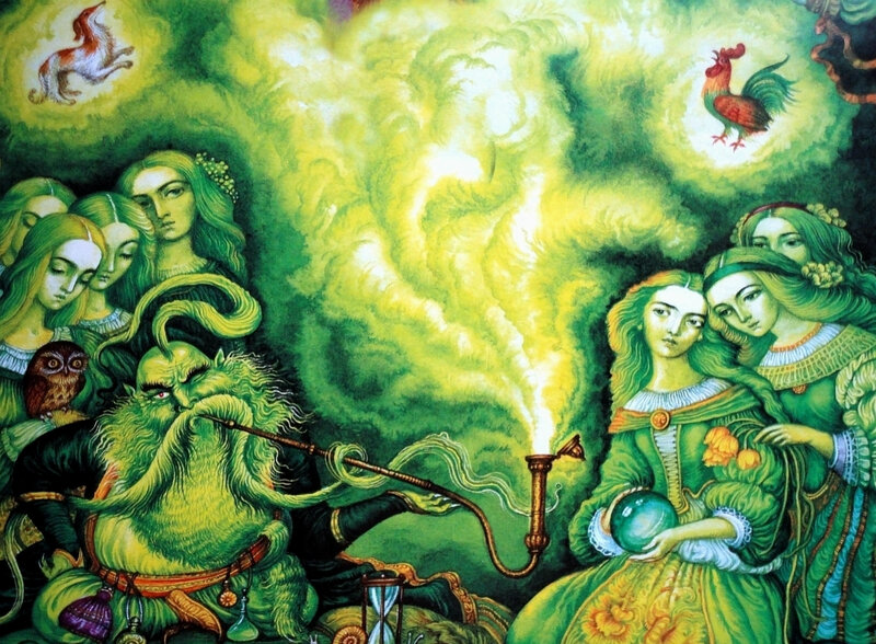 Green-skinned Figure with Women