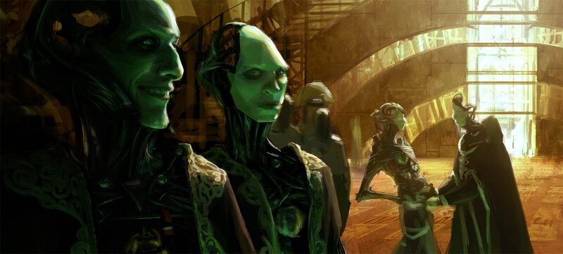 green-skinned figures in a grand hall