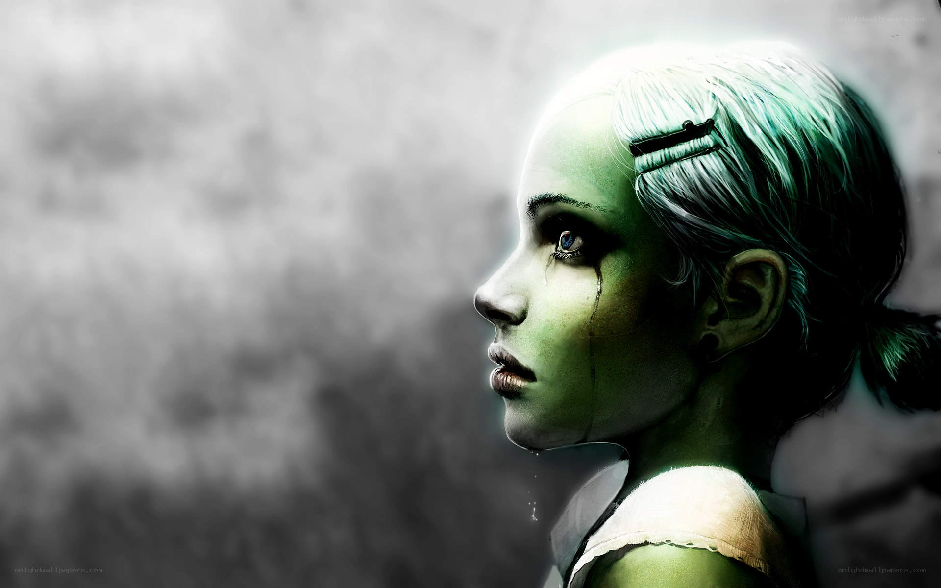 green-skinned girl with tears