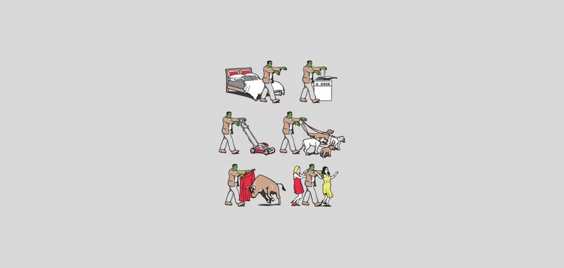 Green-skinned Man Doing Chores — Gray