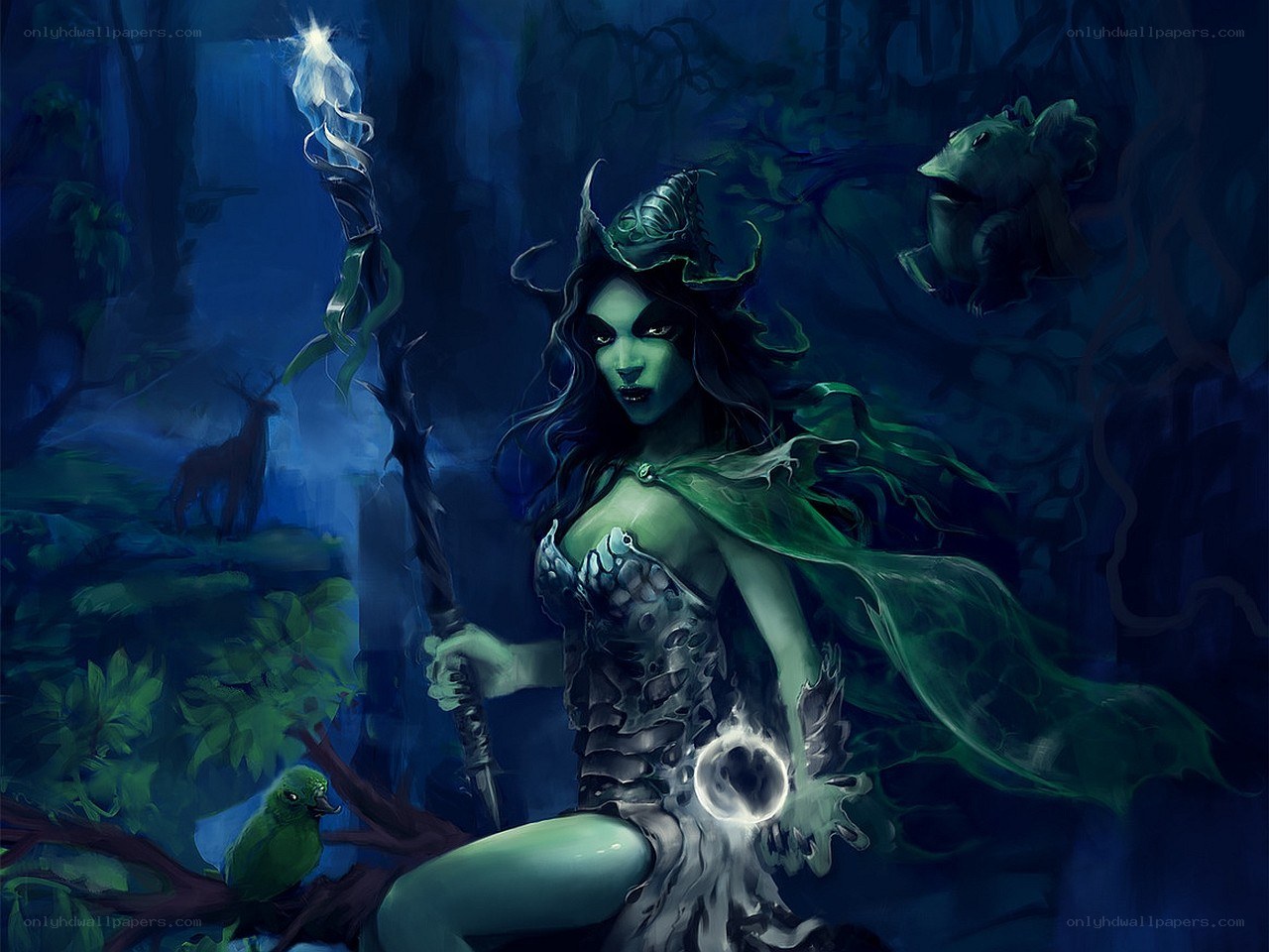 green-skinned sorceress in forest