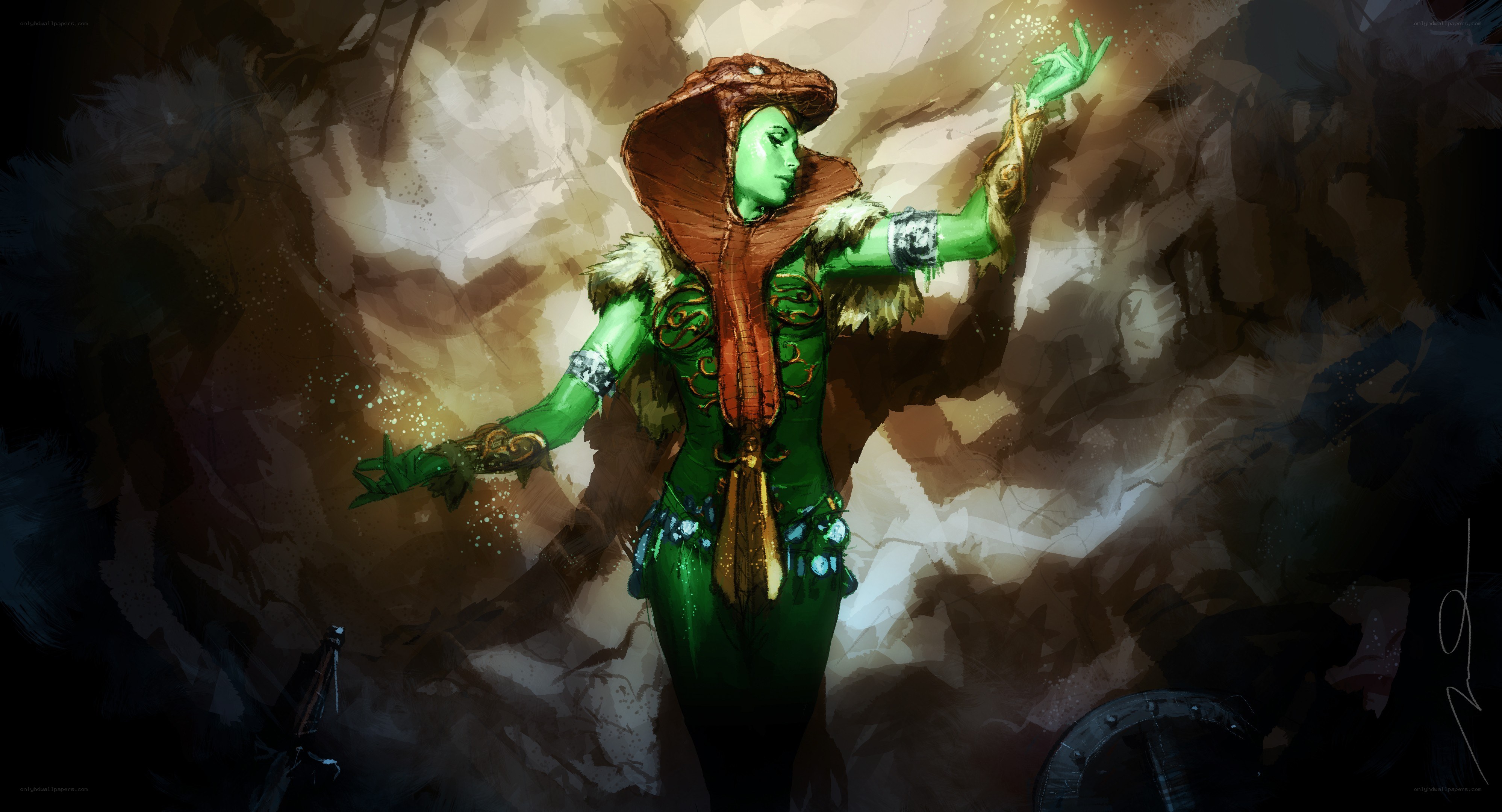 green-skinned spellcaster in fantasy armor