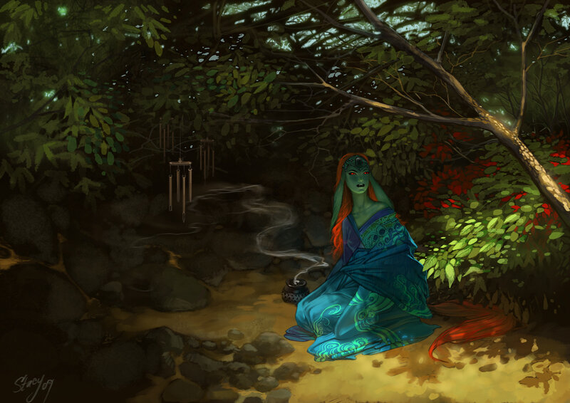 green-skinned woman in forest