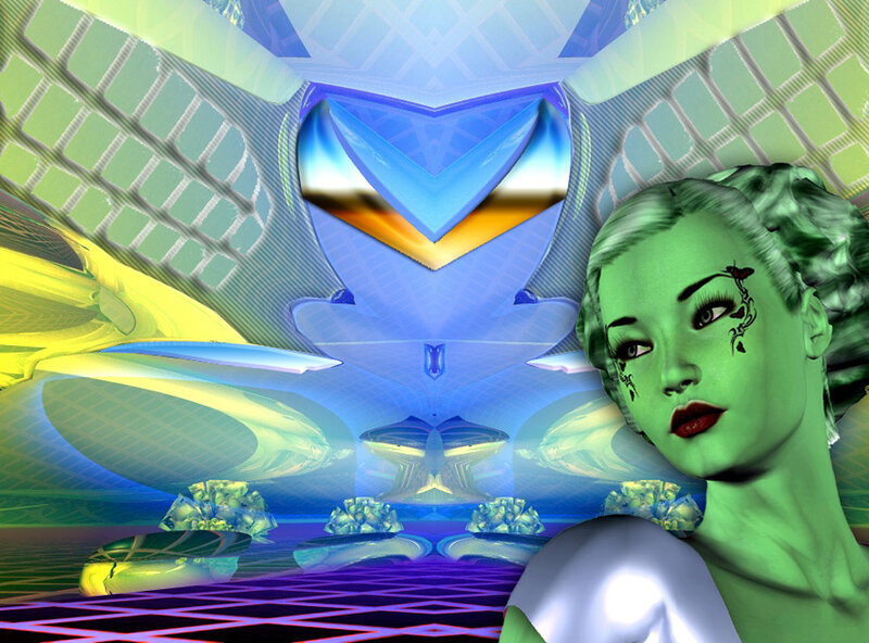 green-skinned woman in futuristic setting