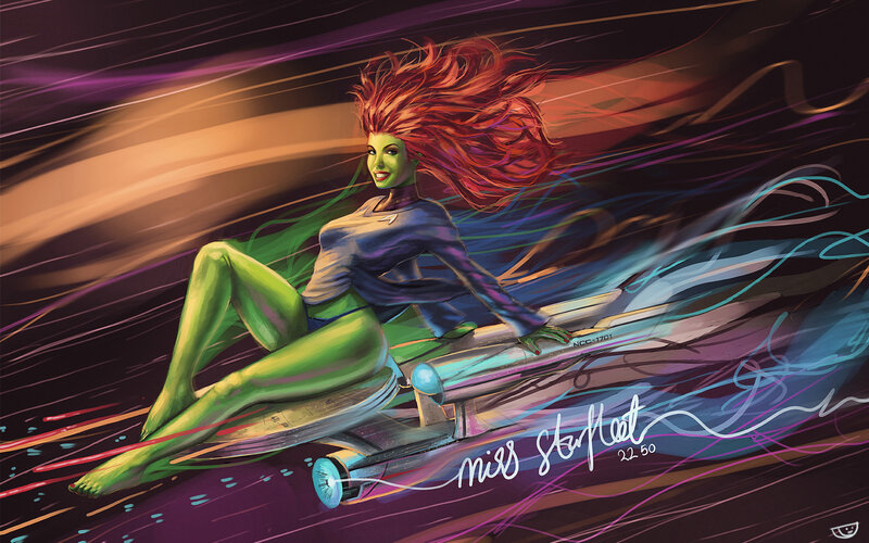 Green-skinned Woman on Surfboard