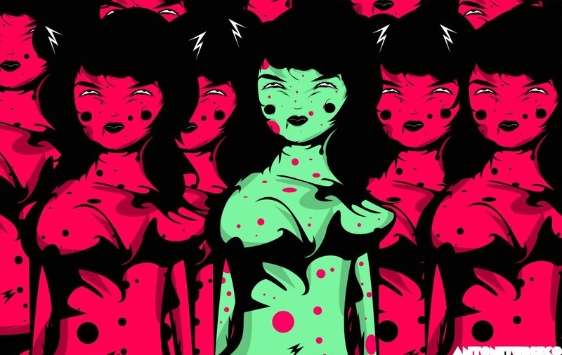 Green-skinned Woman Surrounded by Red Figures