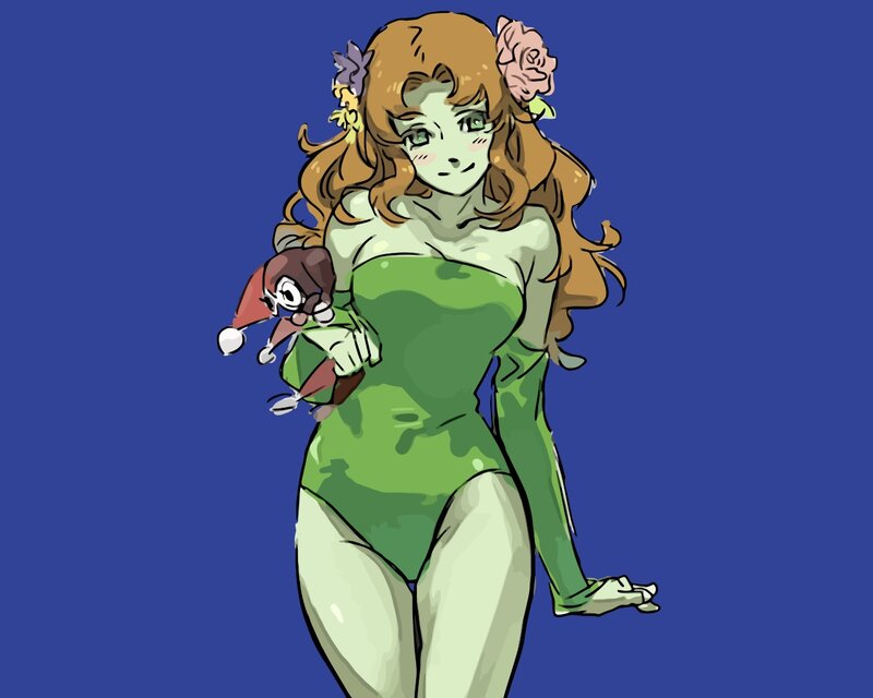 green-skinned woman with doll