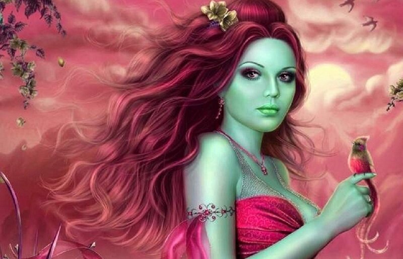 Green-skinned Woman with Red Hair — Pink