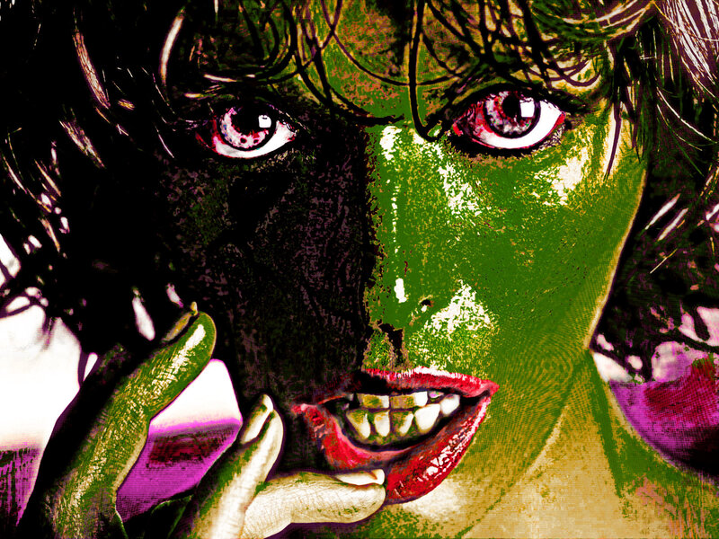 green-skinned woman with red lips