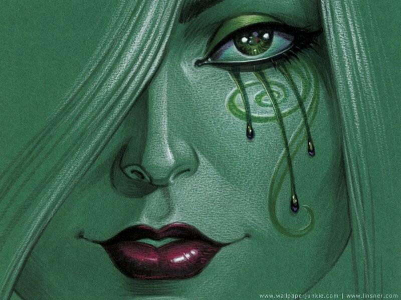 green-skinned woman with tears