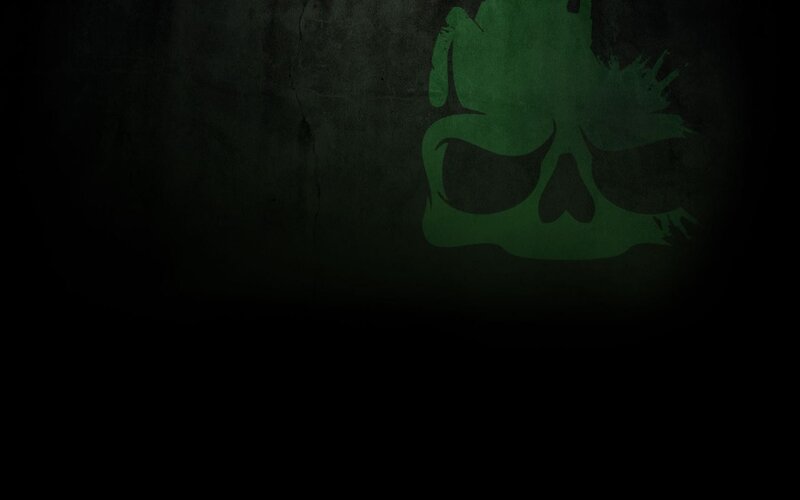 green skull logo on dark wall