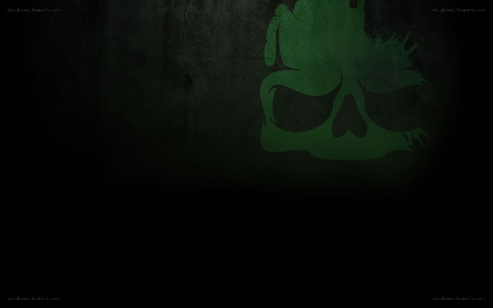 green skull logo on dark wall