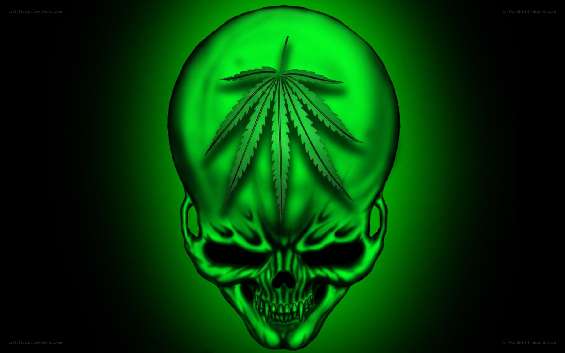 green skull with cannabis leaf
