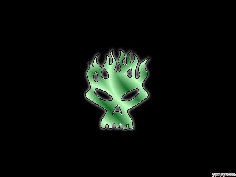 green skull with flames