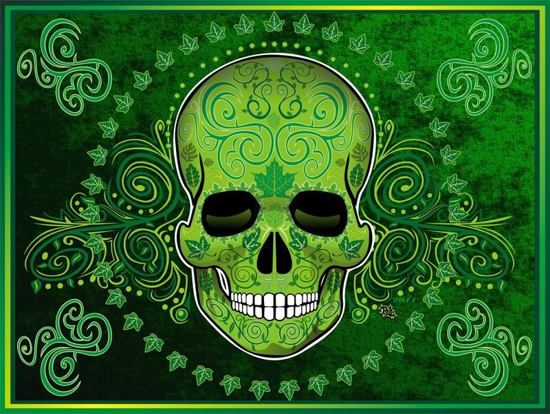 Green Skull with Leaf Patterns