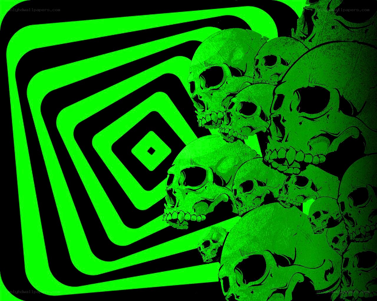 green skulls on spiral background