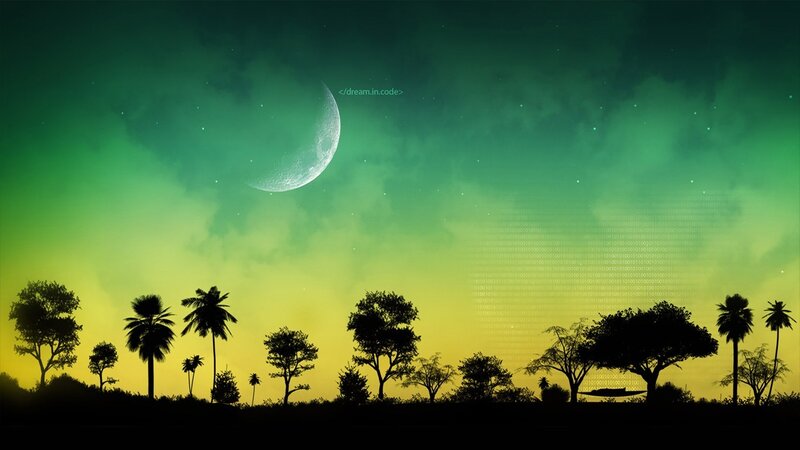 Green sky with moon and trees