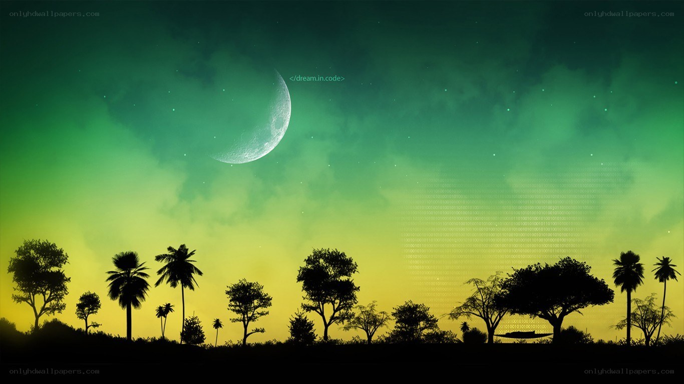 Green sky with moon and trees