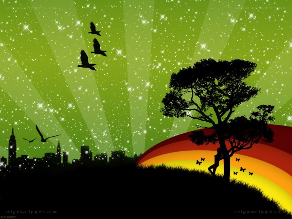 green sky with rainbow and tree