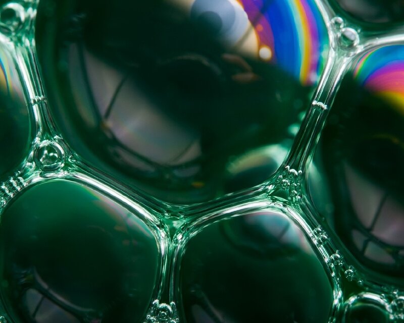 Green Soap Bubbles — Abstract, Photograph, Light Refraction, Colorful Reflections
