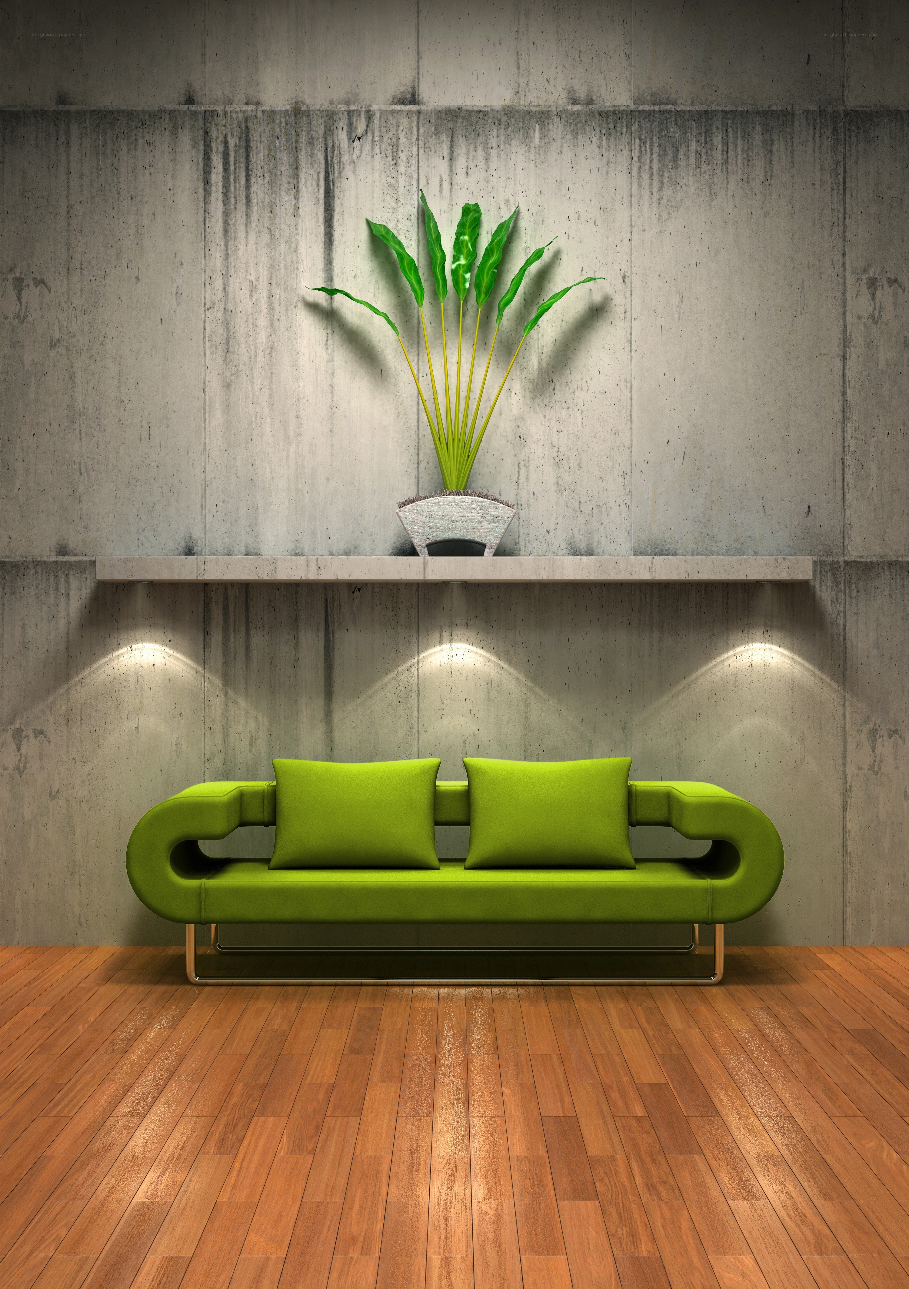Green sofa in concrete room