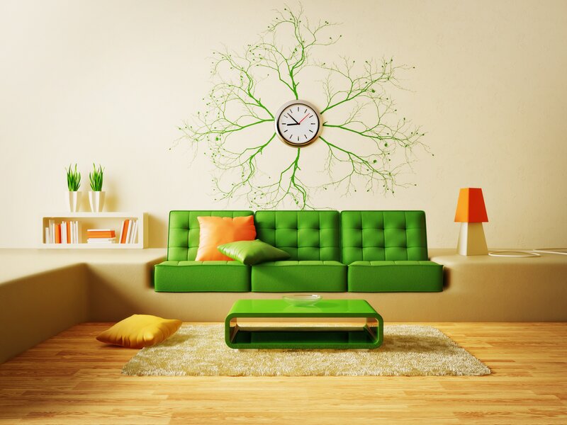 Green Sofa in Living Room — Calm, 3d Render, Clock