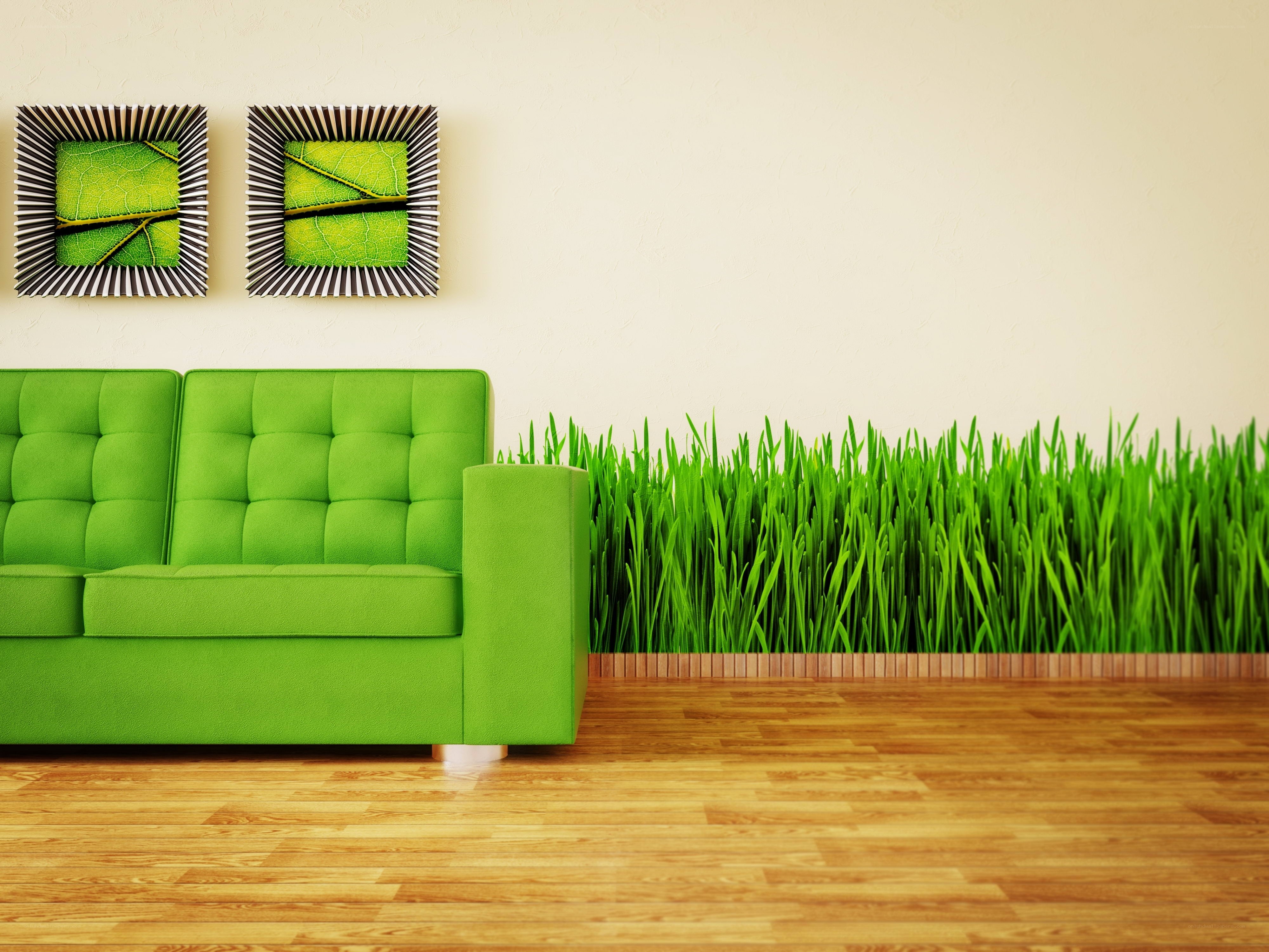 Green sofa with grass wall art