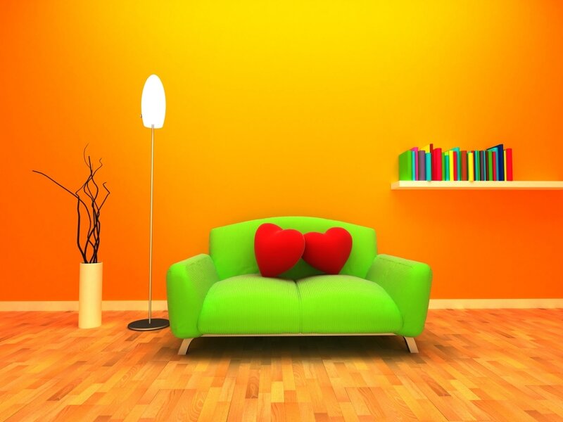 Green Sofa with Heart Pillows — Orange