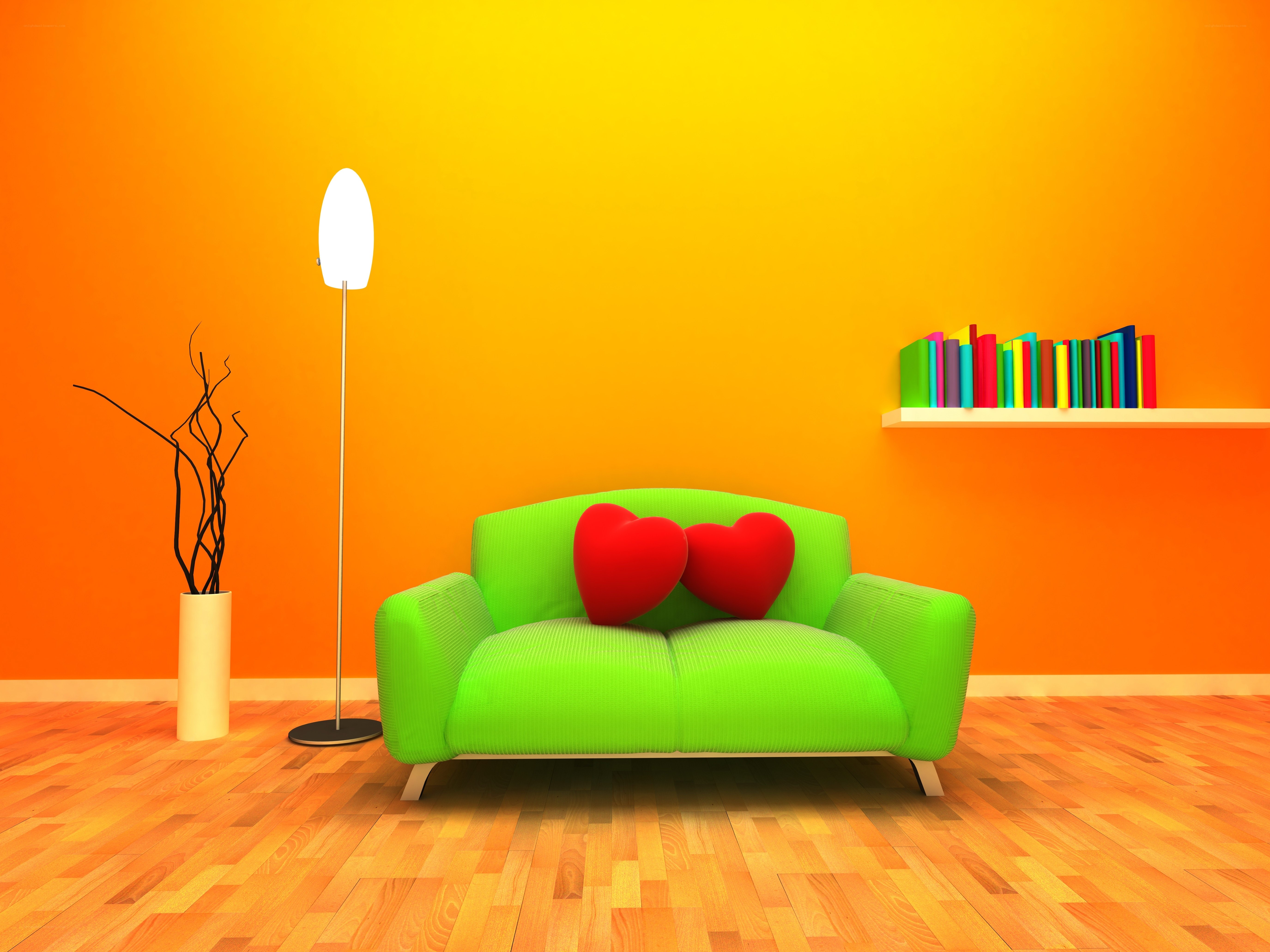 Green sofa with heart pillows