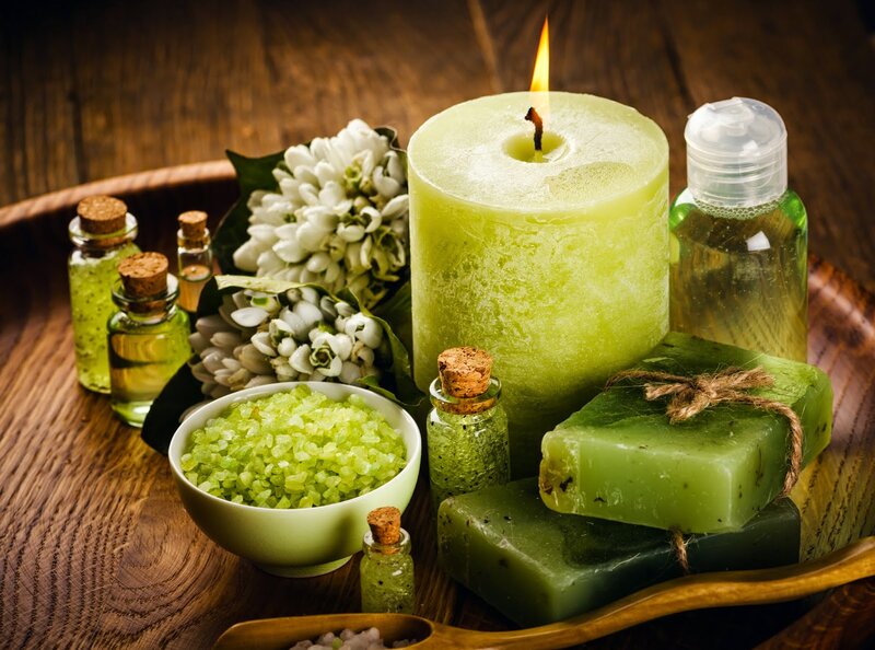 Green Spa Products on Wood — Calm