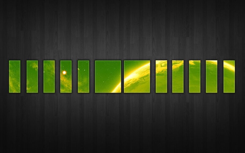 Green space panels on dark wood