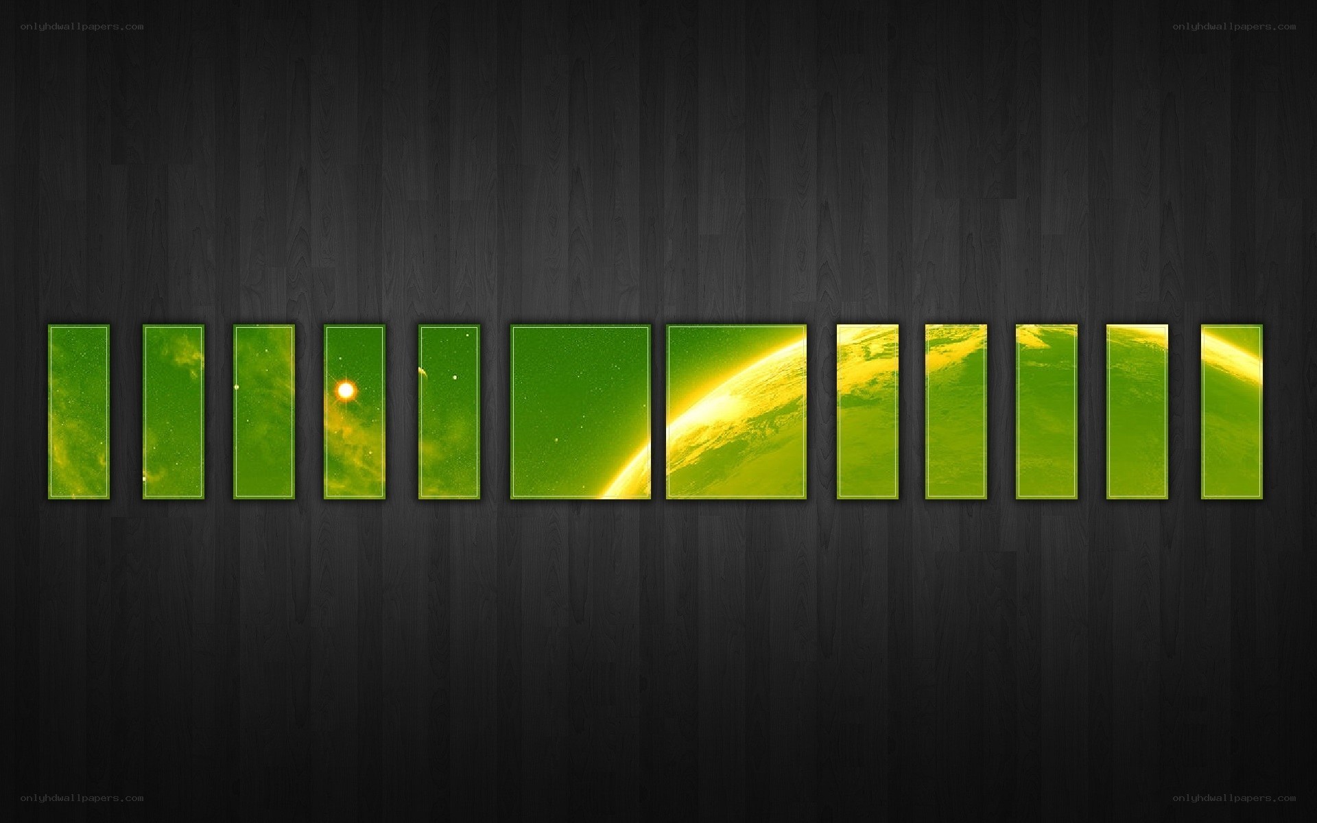 Green space panels on dark wood