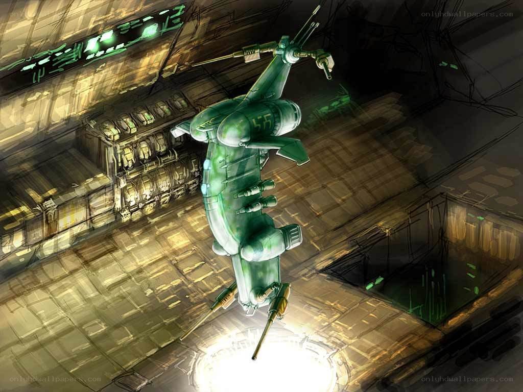 Green spaceship in hangar