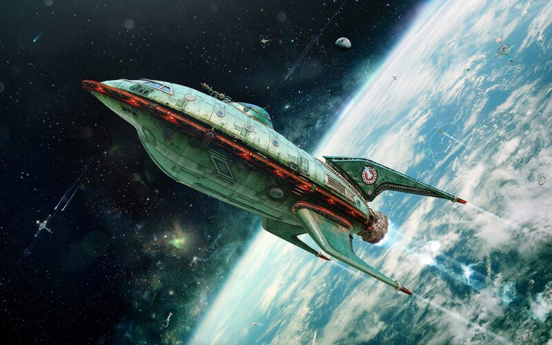 Green Spaceship in Orbit — Dramatic, Digital Art, Planet, Moon