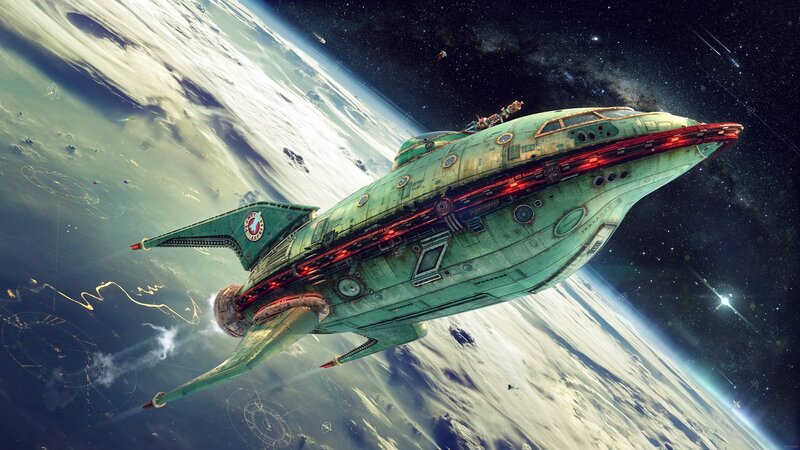 Green Spaceship in Orbit — Dramatic, Digital Art, Planet