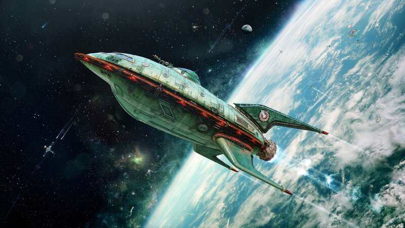Green Spaceship in Orbit — Dramatic, Digital Art