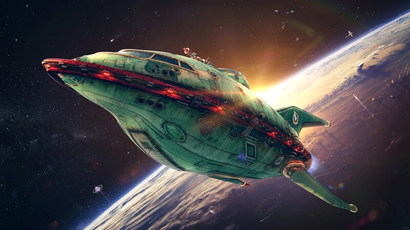 Green Spaceship in Orbit — Dramatic, Sunset