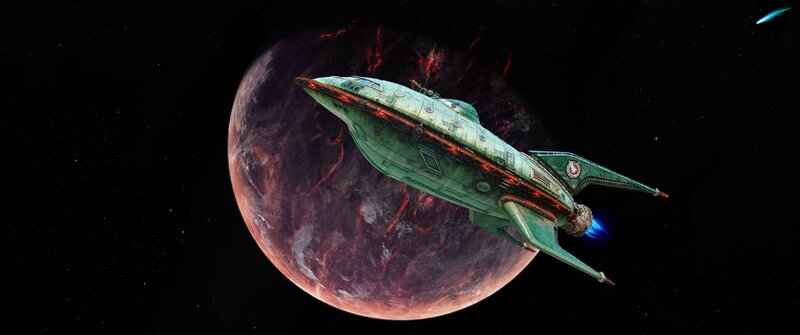 Green Spaceship in Space — Dramatic, Night