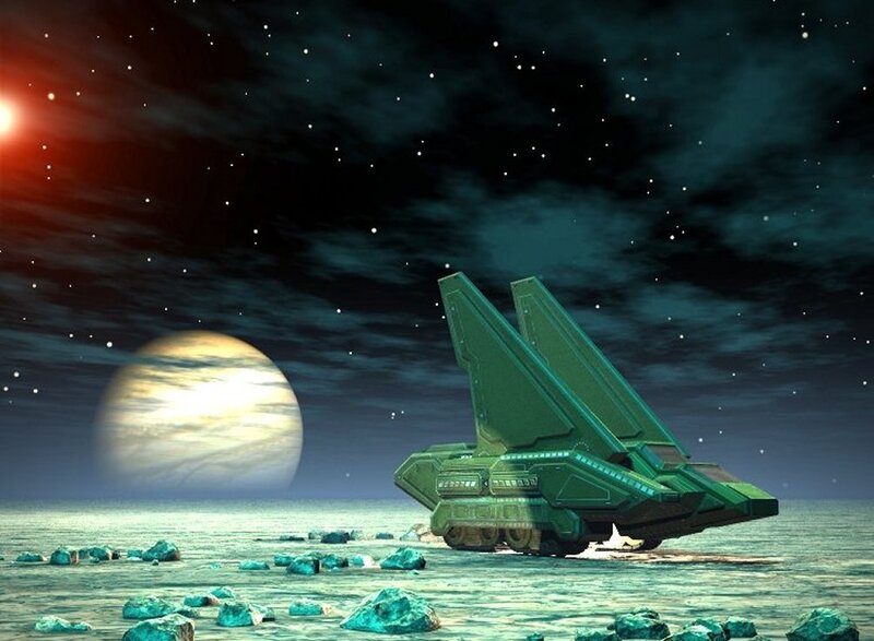 Green spaceship on alien planet