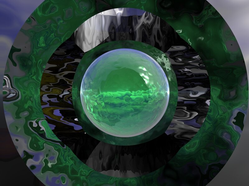 green sphere in abstract swirls