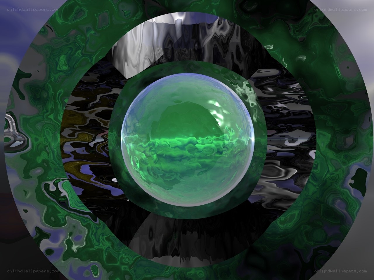 green sphere in abstract swirls